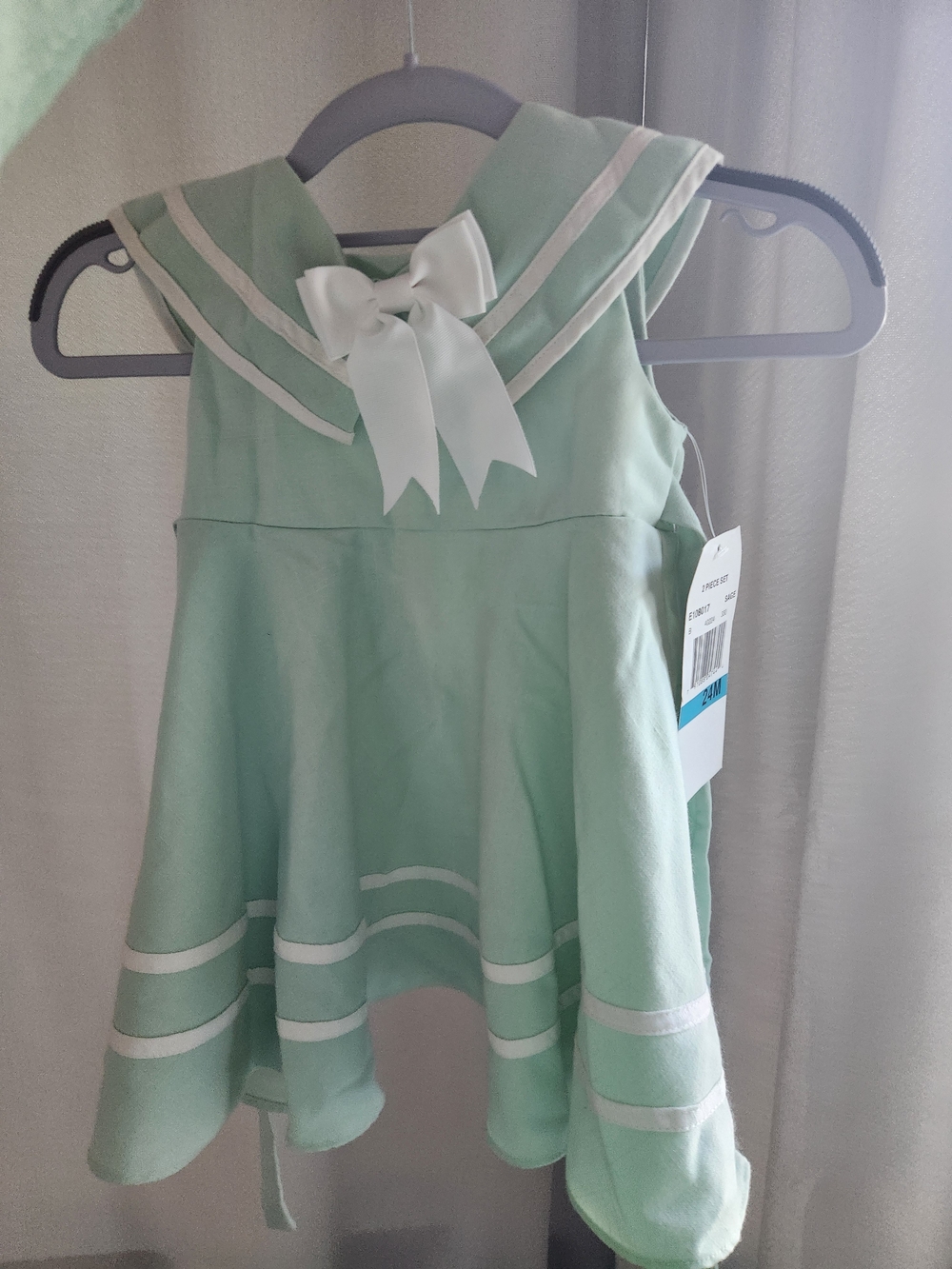 NWT Rare Editions Baby Girl Sage Green and White Bow Formal Dress, 24 Months